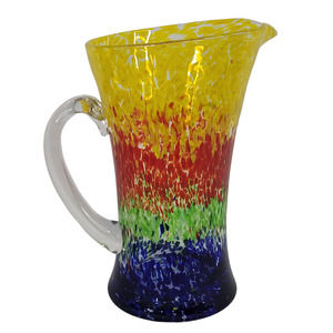 Rainbow Hand Blown Confetti Glass Water Pitcher Vibrant Yellow Red Green Blue